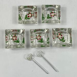 Vintage Reverse Hand Painted Glass Salt Cellars With Spoons Set Of 5 Floral